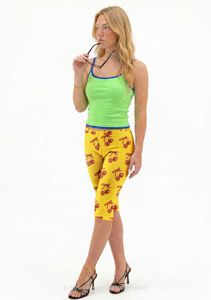 Red Cherry On Yellow Y2K Print Capri Pants Cherrykitten