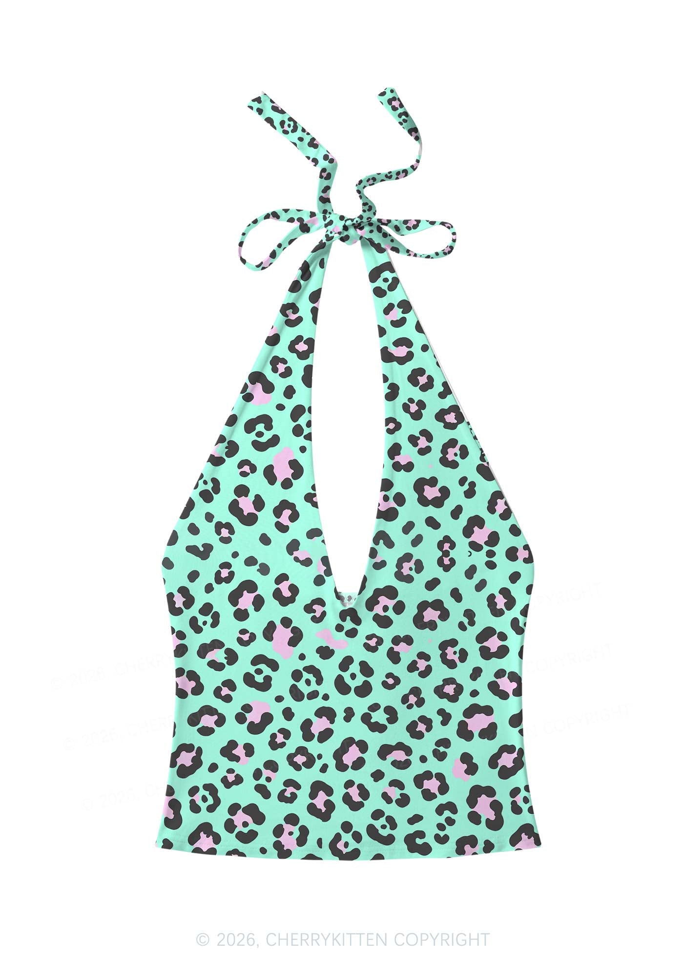 Mint Green Leopard Y2K Print Halter Deep V Neck Cami Cherrykitten