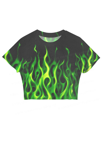 Neon Green Flame Y2K Mesh Crop Top Cherrykitten