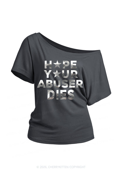 Abuser Dies Silver Foil Printed Y2K Off Shoulder Tee Cherrykitten
