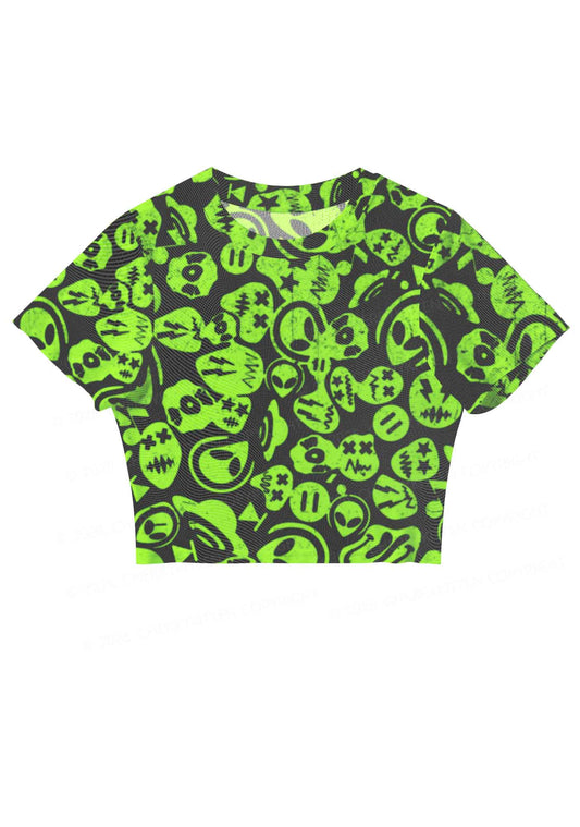 Green Alien Doodle Y2K Mesh Crop Top Cherrykitten