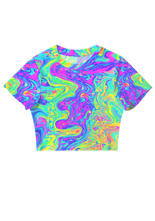 Rainbow Fluid Swirl Y2K Mesh Crop Top Cherrykitten