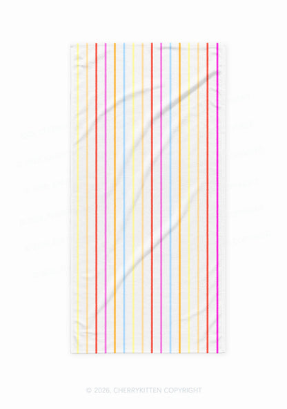 Rainbow Stripe On White Y2K Beach Towel Cherrykitten