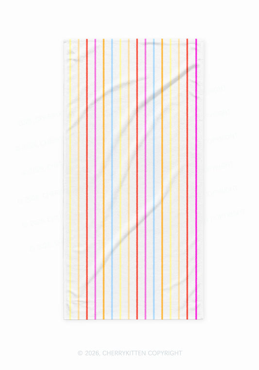 Rainbow Stripe On White Y2K Beach Towel Cherrykitten