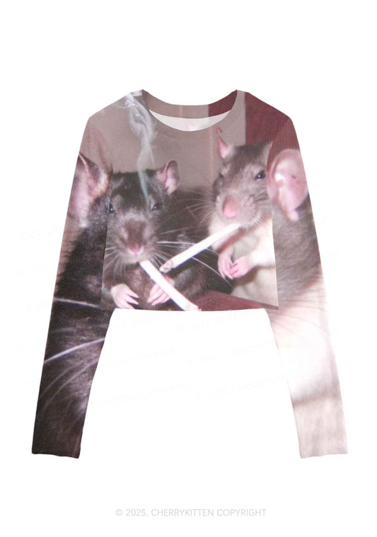 Smoking Rats Y2K Mesh Long Sleeve Crop Top Cherrykitten