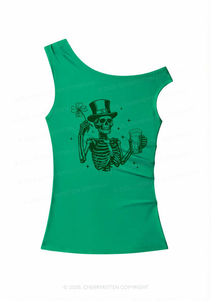 Green Skeleton St Patricks Y2K Off Shoulder Tank Top Cherrykitten