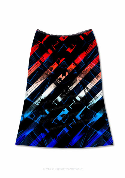 Red Blue Gradient Diagonal Stripe Y2K Print Midi Skirt Cherrykitten