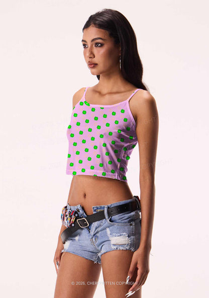 Clover On Pink St Patricks Y2K Print Cami Crop Top Cherrykitten
