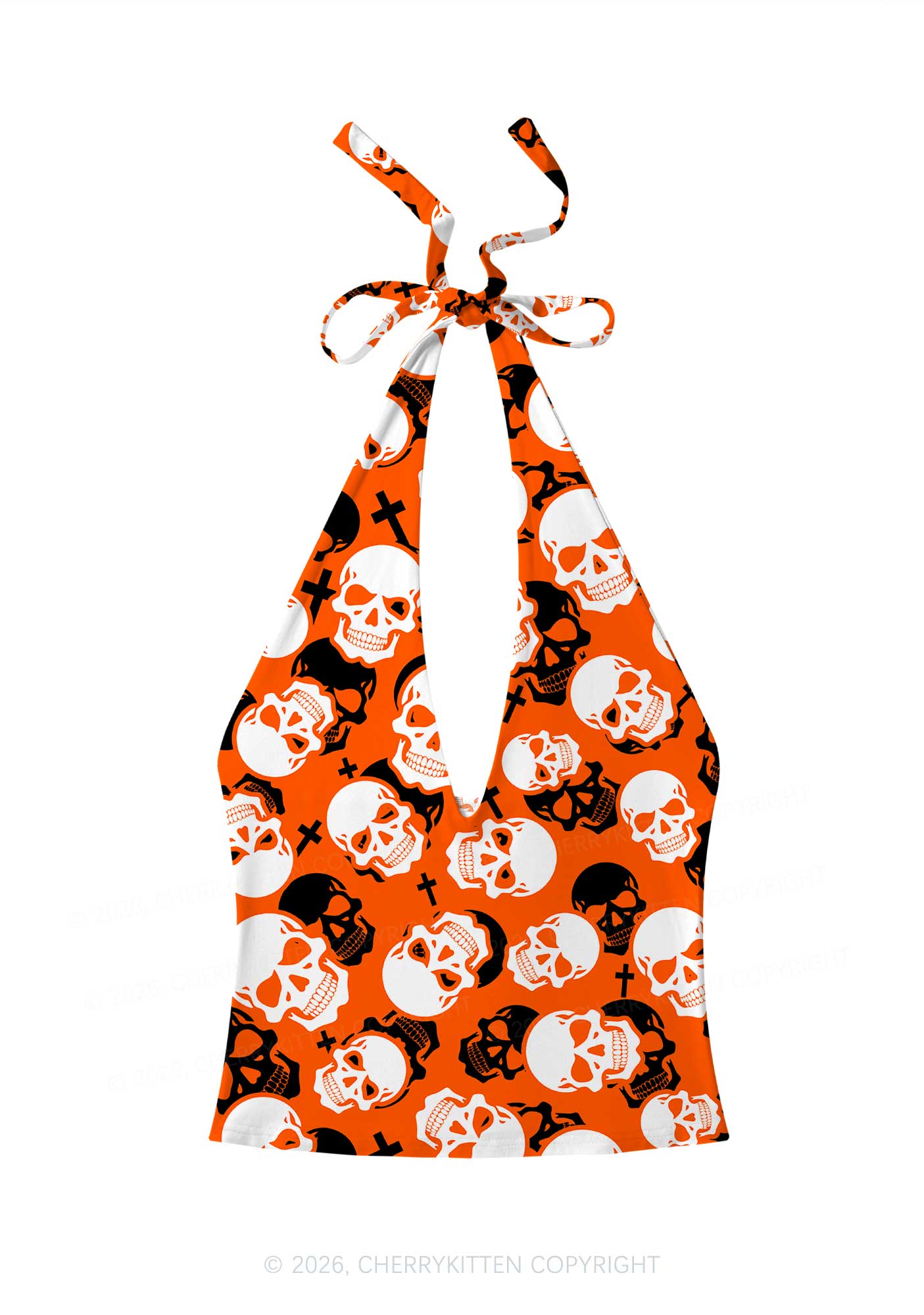 Halloween Orange Skull Cross Y2K Print Halter Deep V Neck Cami Cherrykitten