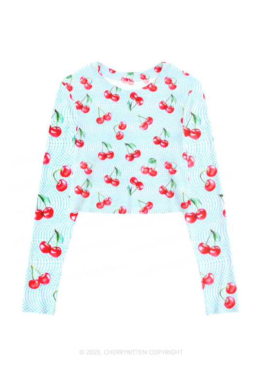 Blue Cherry Y2K Mesh Long Sleeve Crop Top Cherrykitten