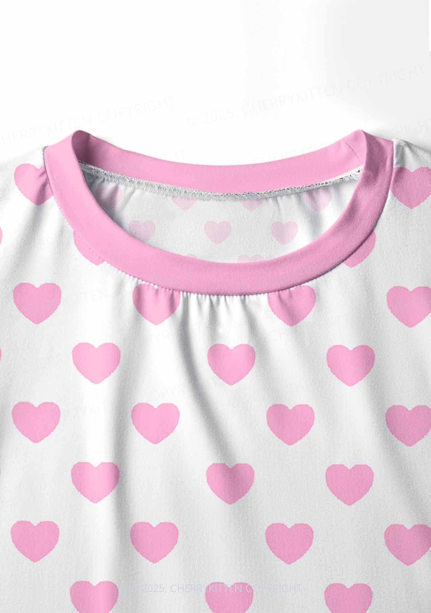 Pink Heart On White Valentine's Day Y2K Print Long Sleeve Pajama Set Cherrykitten