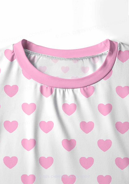 Pink Heart On White Valentine's Day Y2K Print Long Sleeve Pajama Set Cherrykitten
