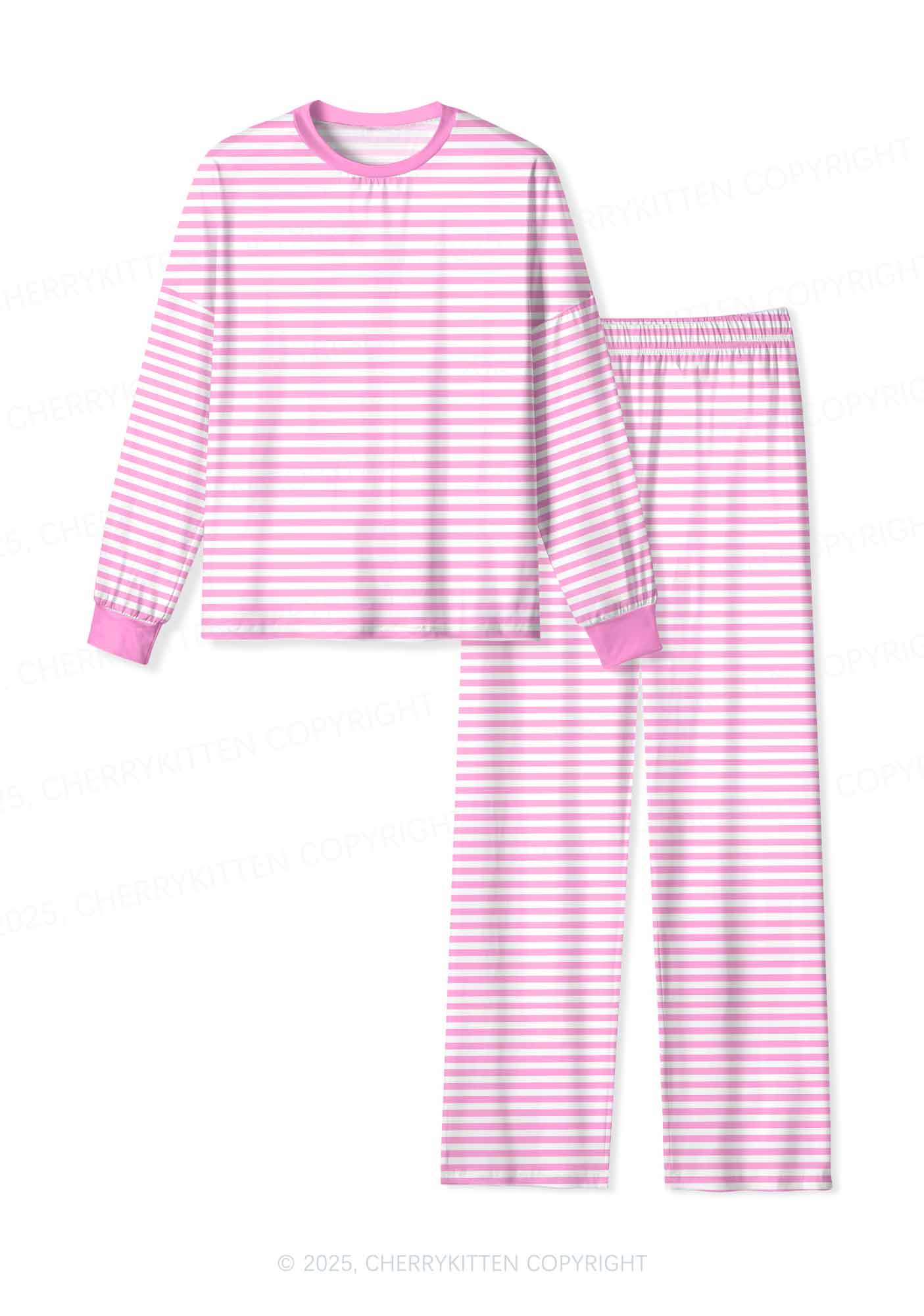 Pink White Stripe Valentine's Day Y2K Print Long Sleeve Pajama Set Cherrykitten