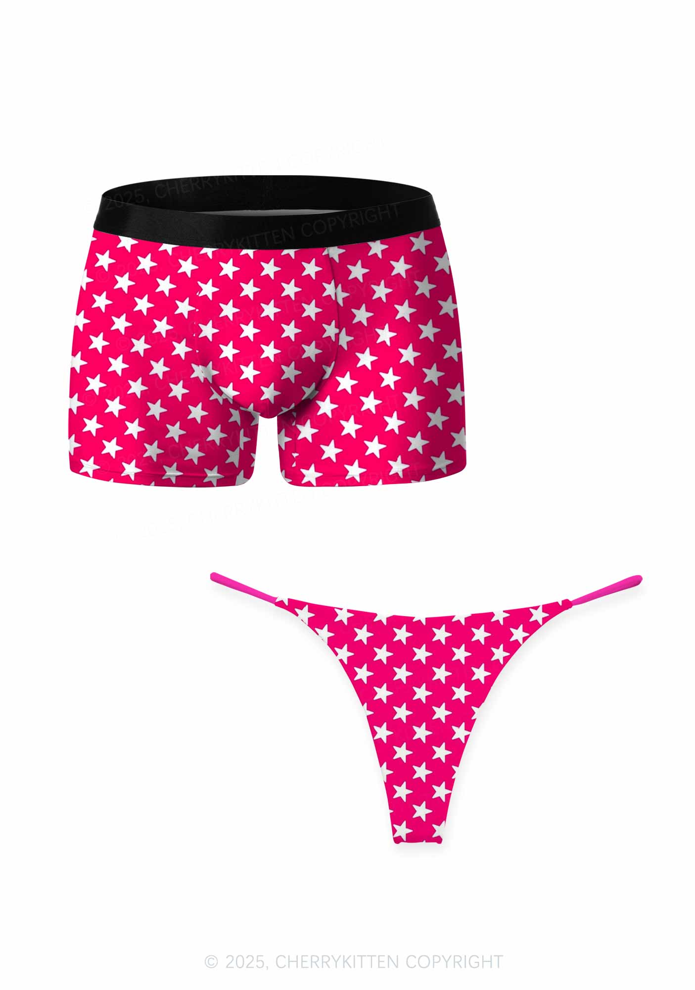 White Stars On Pink Valentine's Day Y2K Print Couples Boxer Thong Set Cherrykitten