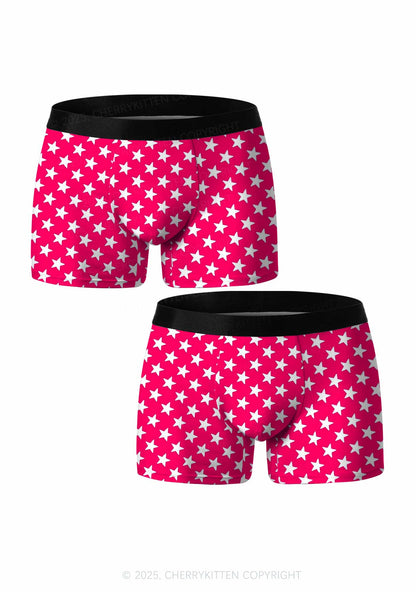 White Stars On Pink Valentine's Day Y2K Print Couples Boxer Briefs Set Cherrykitten