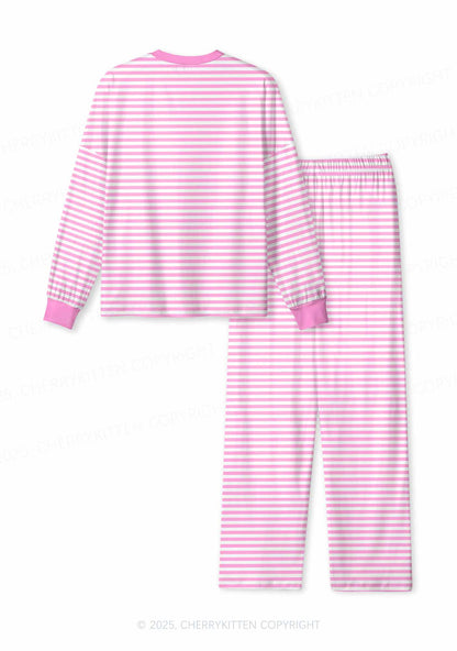 Pink White Stripe Valentine's Day Y2K Print Long Sleeve Pajama Set Cherrykitten