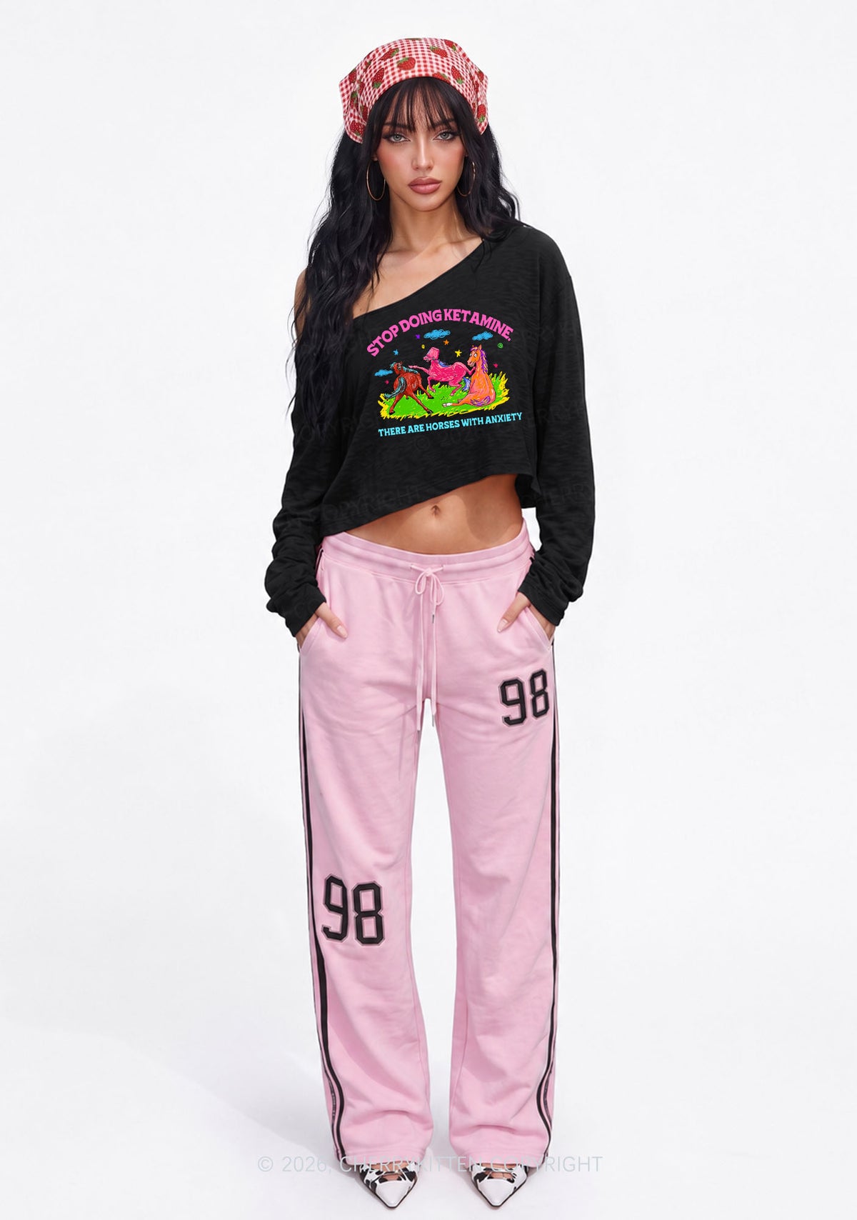 Horses With Anxiety Y2K Off Shoulder Long Sleeve Crop Top Cherrykitten