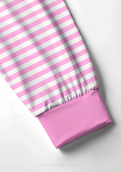 Pink White Stripe Valentine's Day Y2K Print Long Sleeve Pajama Set Cherrykitten