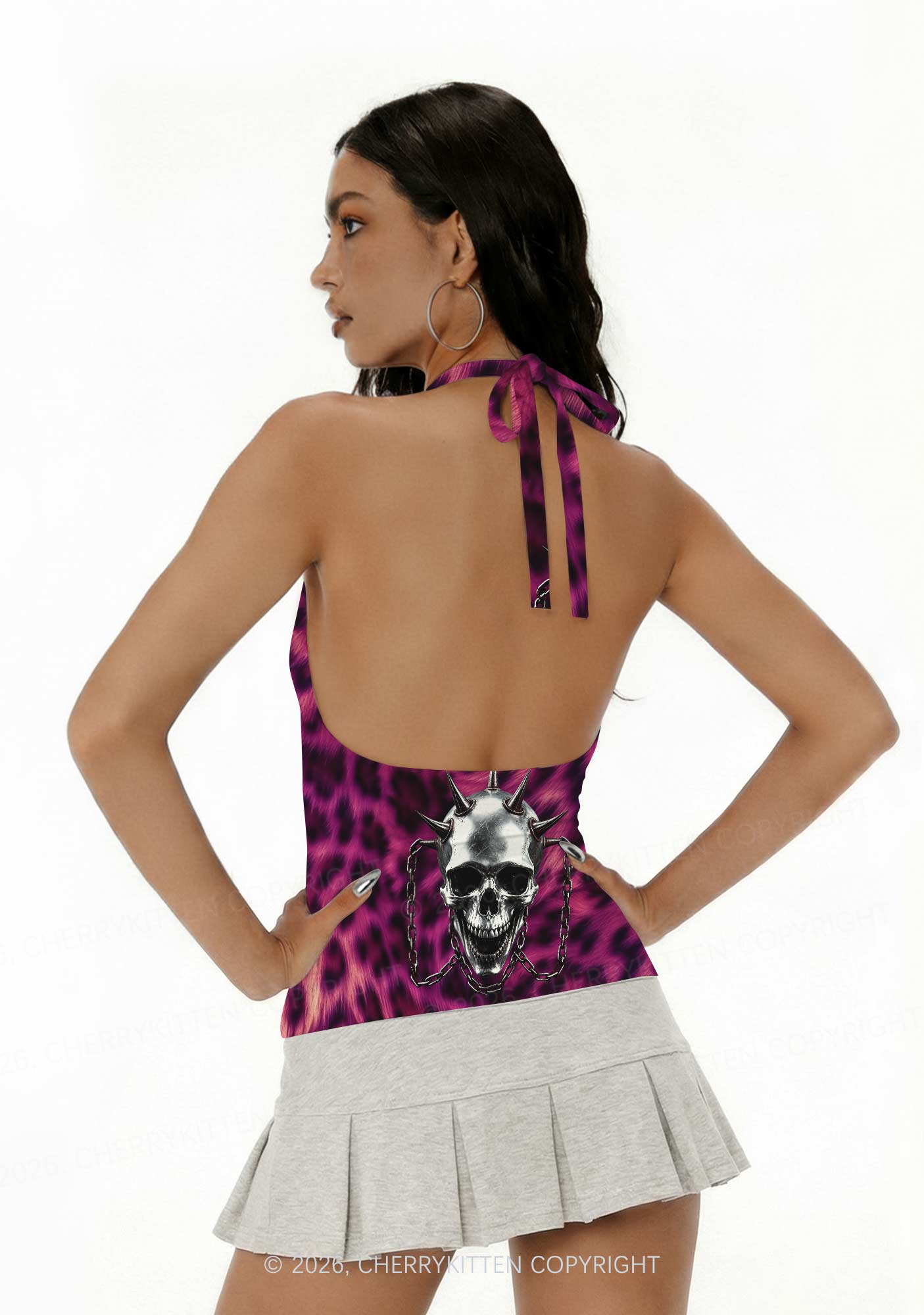 Halloween Spiked Skull Leopard Y2K Print Halter Deep V Neck Cami Cherrykitten