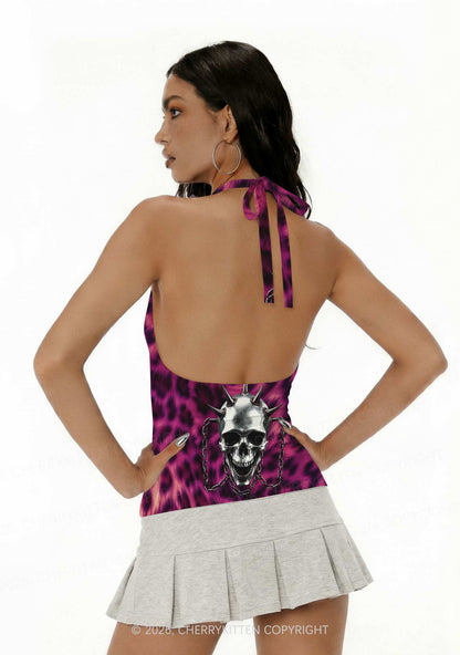 Halloween Spiked Skull Leopard Y2K Print Halter Deep V Neck Cami Cherrykitten