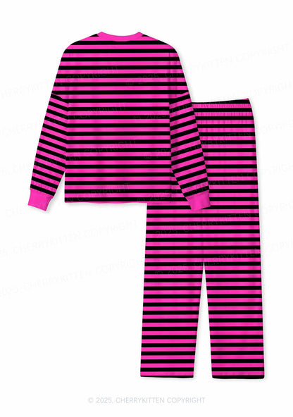 Pink And Black Stripe Valentine's Day Y2K Print Long Sleeve Pajama Set Cherrykitten