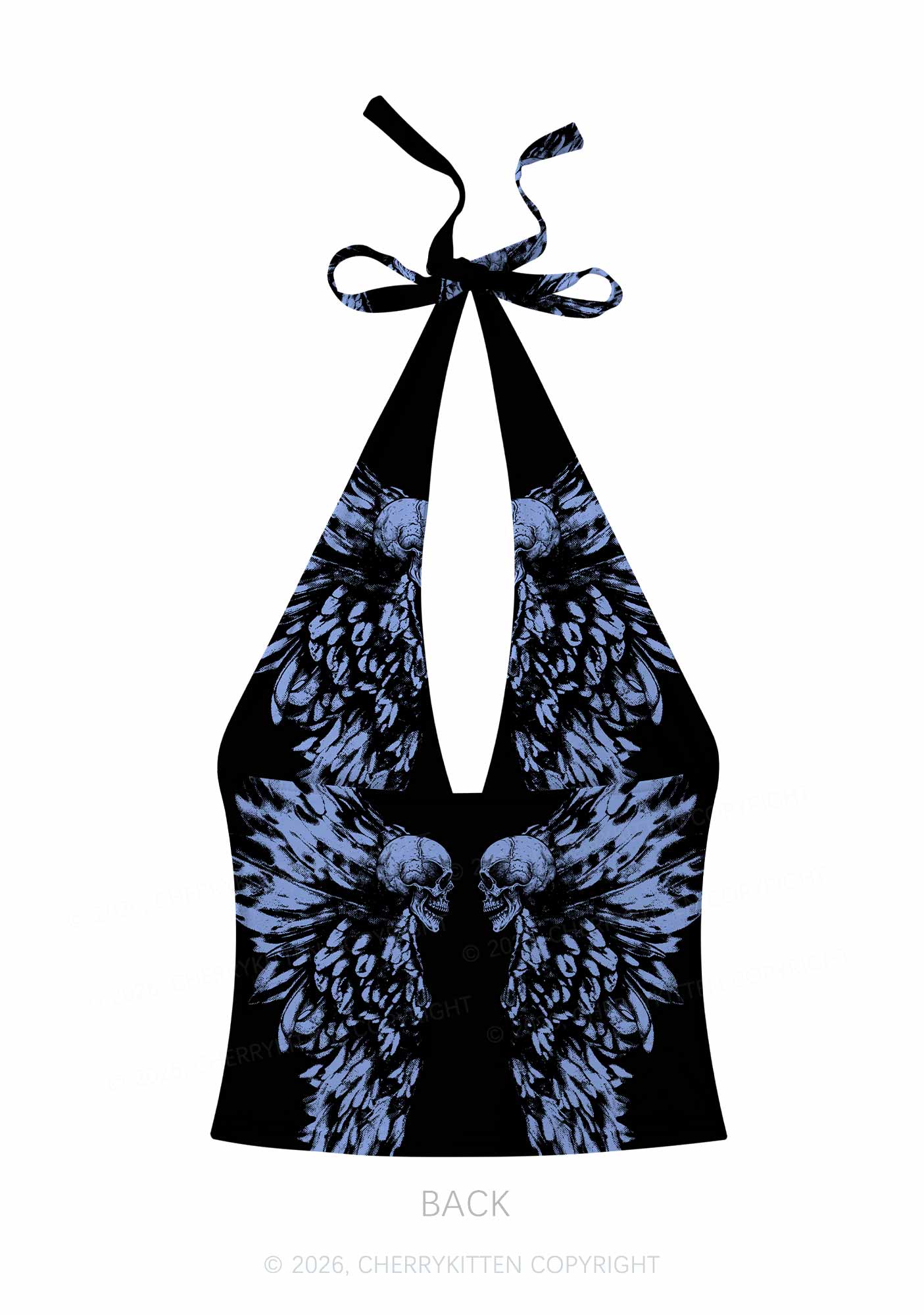 Halloween Blue Skull Angel Wings Y2K Print Halter Deep V Neck Cami Cherrykitten