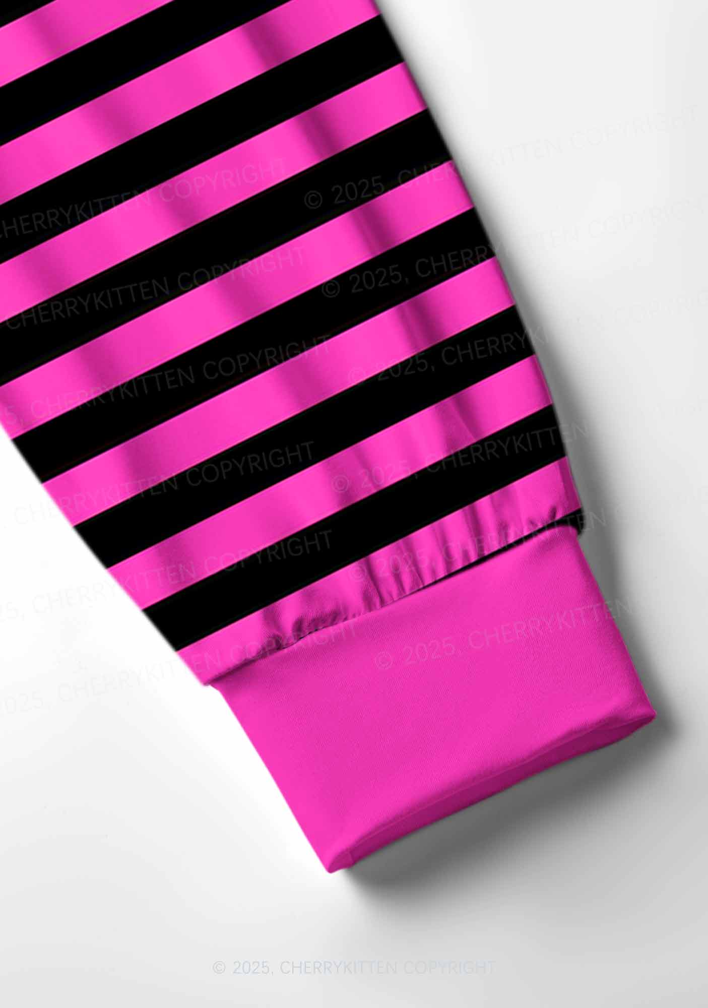 Pink And Black Stripe Valentine's Day Y2K Print Long Sleeve Pajama Set Cherrykitten