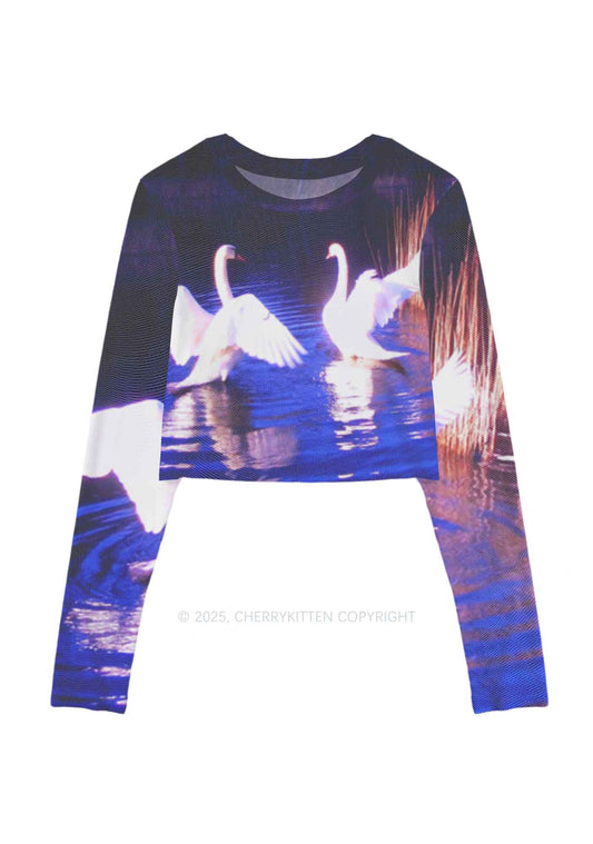 Swans on Water Y2K Mesh Long Sleeve Crop Top Cherrykitten