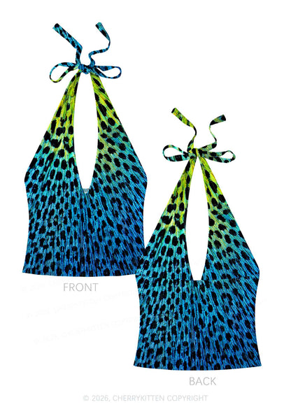 Peacock Feather Texture Y2K Print Halter Deep V Neck Cami Cherrykitten