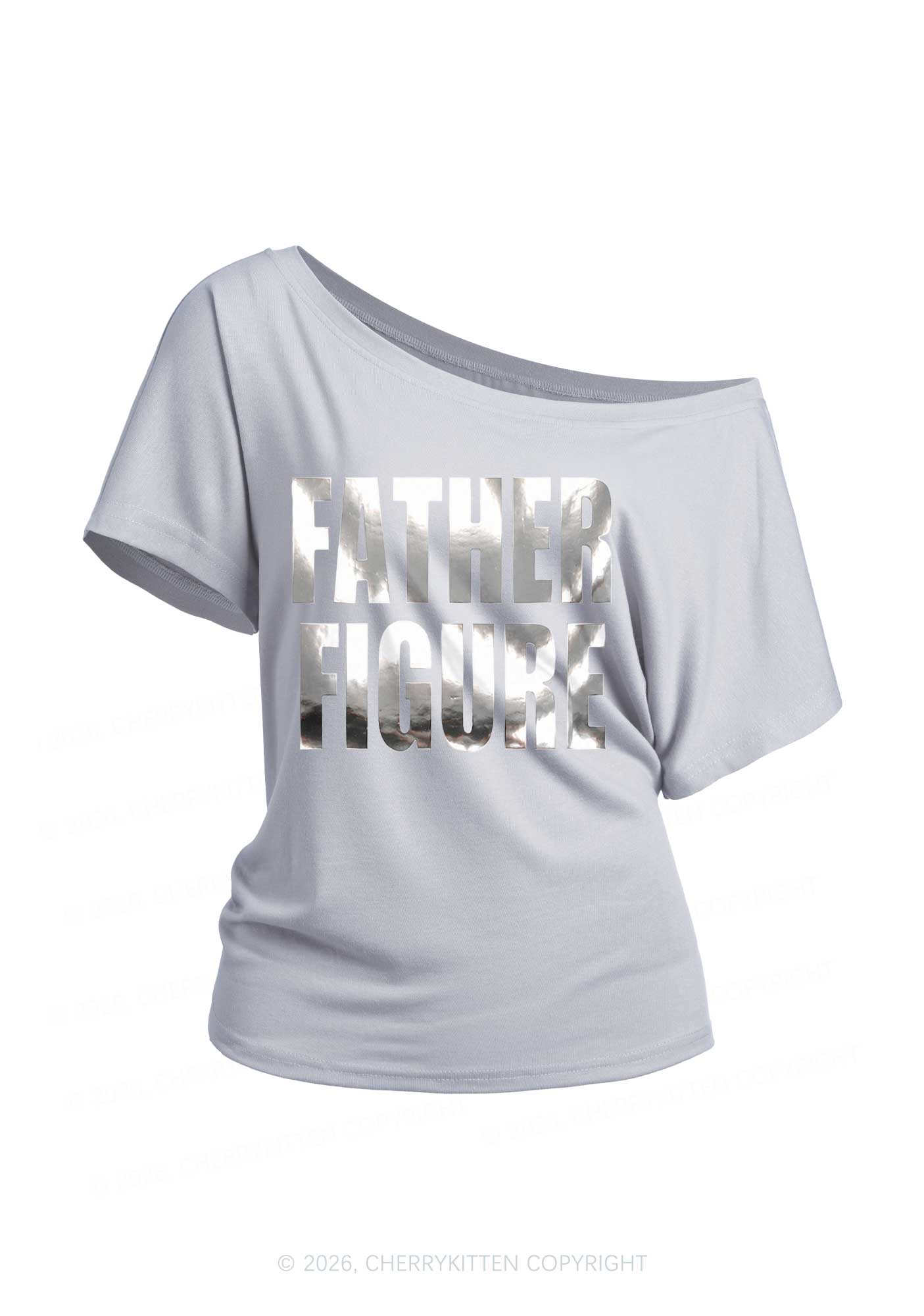 Father Figure Silver Foil Printed Y2K Off Shoulder Tee Cherrykitten