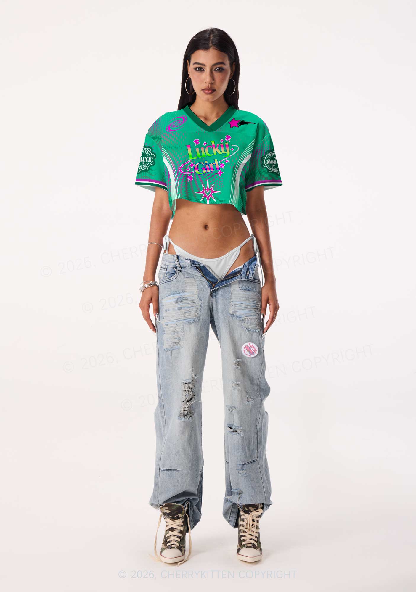 Custom Lucky Girl Pink Shamrock St Patricks Y2K Crop Sport Jersey Shirts Cherrykitten