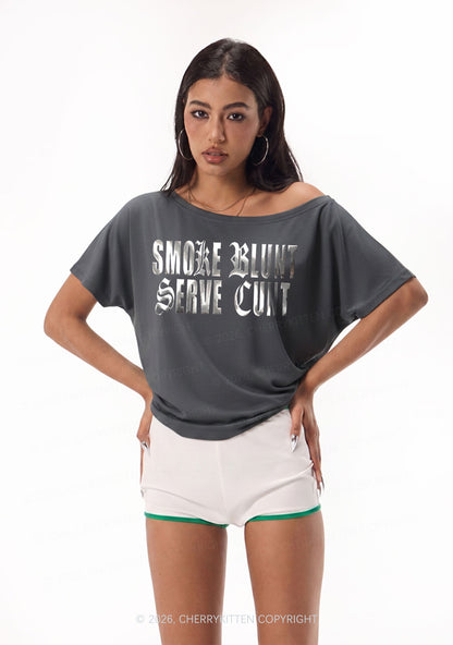 Smoke Blunt Silver Foil Printed Y2K Off Shoulder Tee Cherrykitten