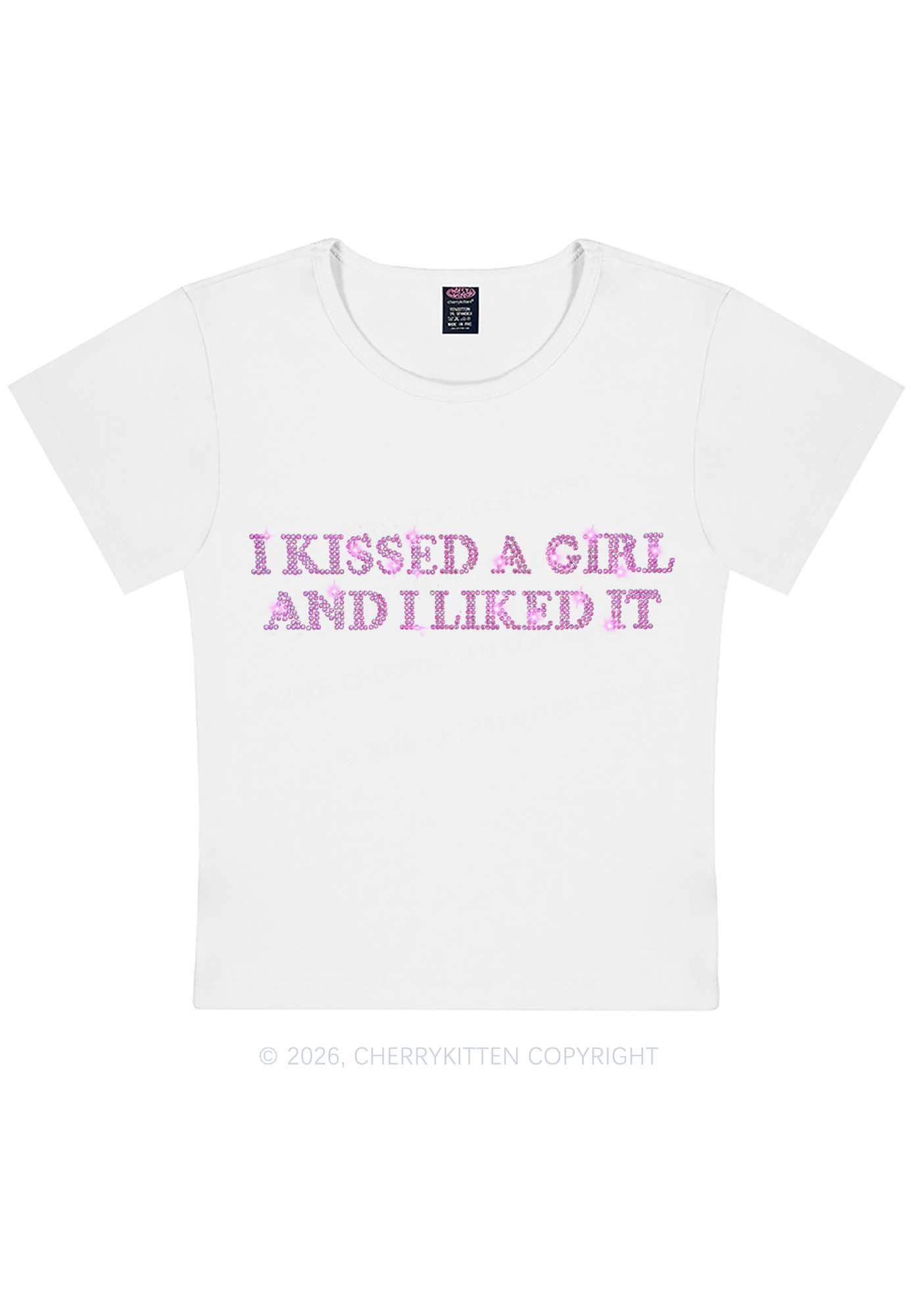 Rhinestone I Kissed A Girl Pride Y2K Baby Tee Cherrykitten