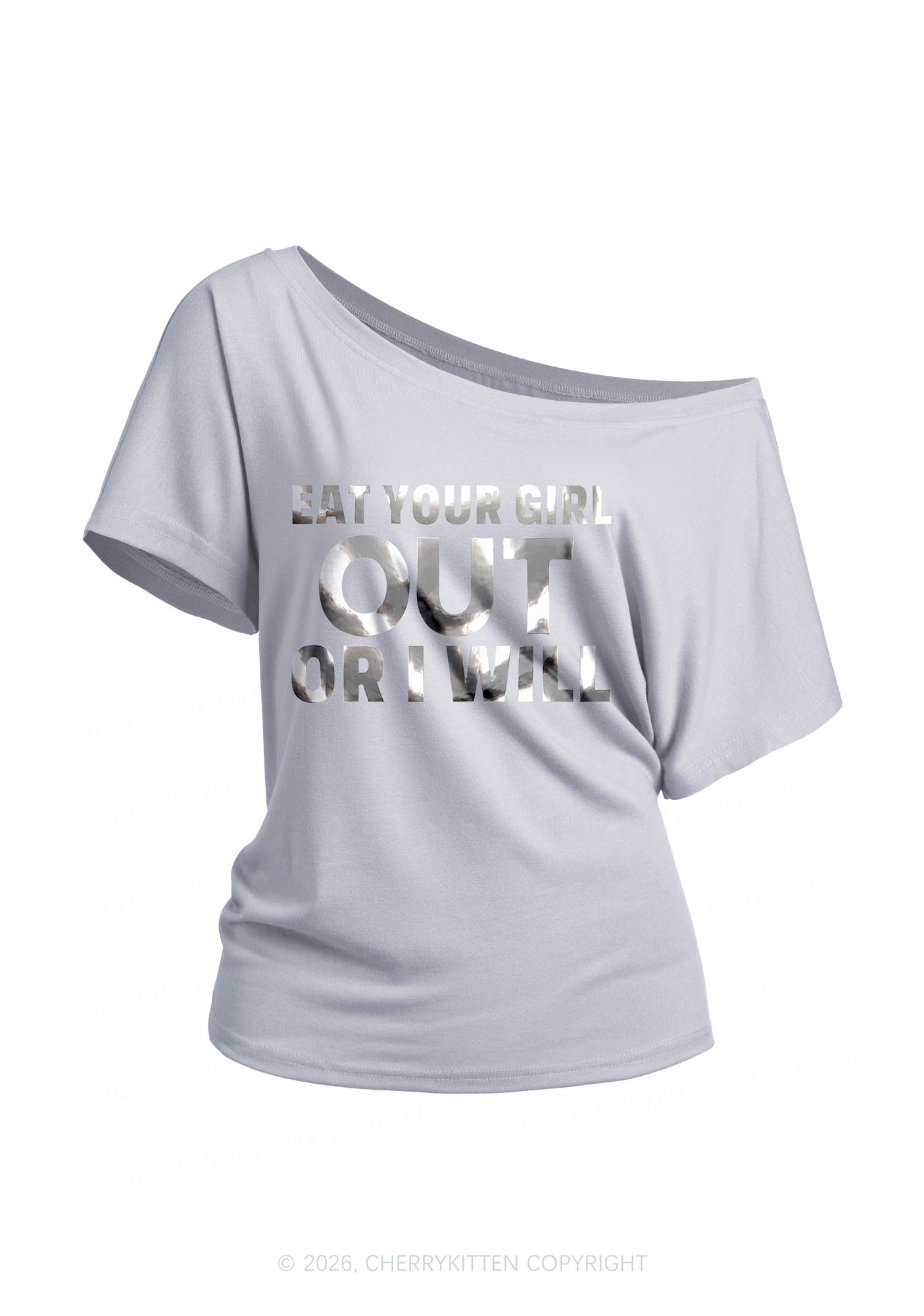Eat Your Girl Out Silver Foil Printed Y2K Off Shoulder Tee Cherrykitten