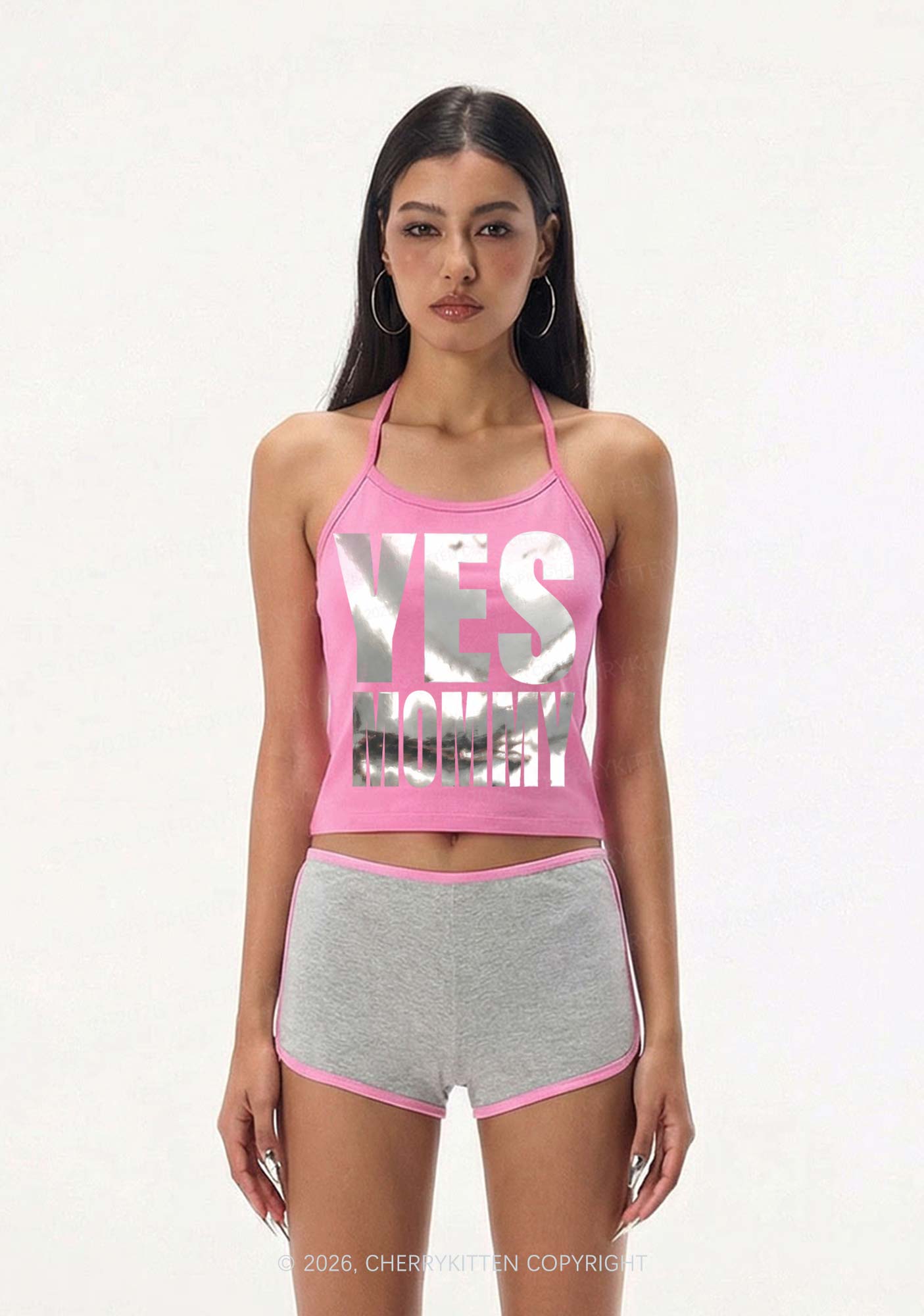 Yes Mommy Silver Foil Printed Y2K Halter Neck Cami Cherrykitten