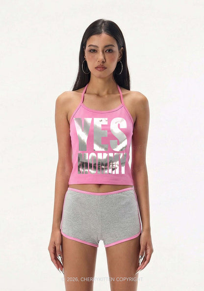 Yes Mommy Silver Foil Printed Y2K Halter Neck Cami Cherrykitten