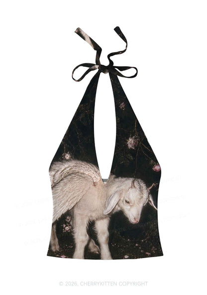 Winged Baby Goat Y2K Print Halter Deep V Neck Cami Cherrykitten
