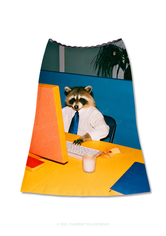 Office Raccoon Y2K Print Midi Skirt Cherrykitten