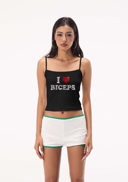 Rhinestone I Love Biceps Y2K Spaghetti Strap Cami Cherrykitten