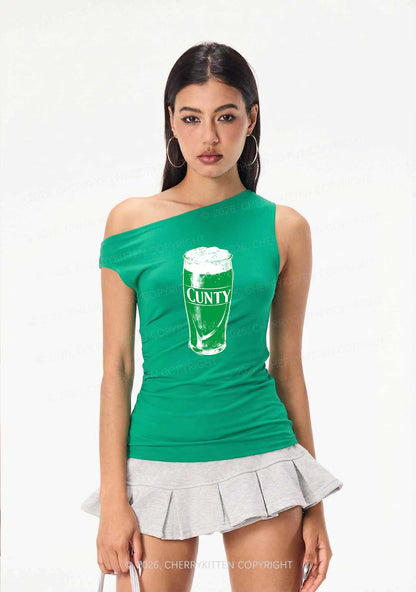 Green Cxxty Beer St Patricks Y2K Off Shoulder Tank Top Cherrykitten
