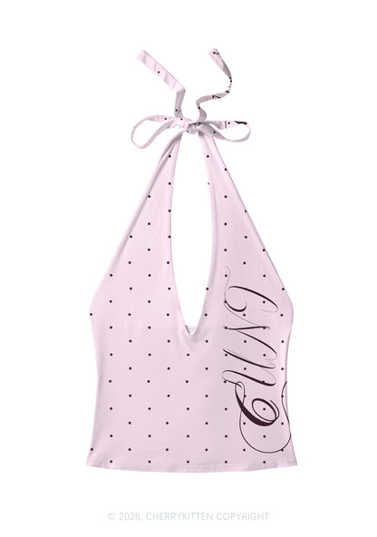Brown Cxxt Dots Y2K Print Halter Deep V Neck Cami Cherrykitten