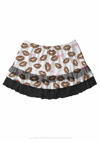 Leopard Lip Print Valentine's Day Y2K Print Mini Layered Skirt Cherrykitten