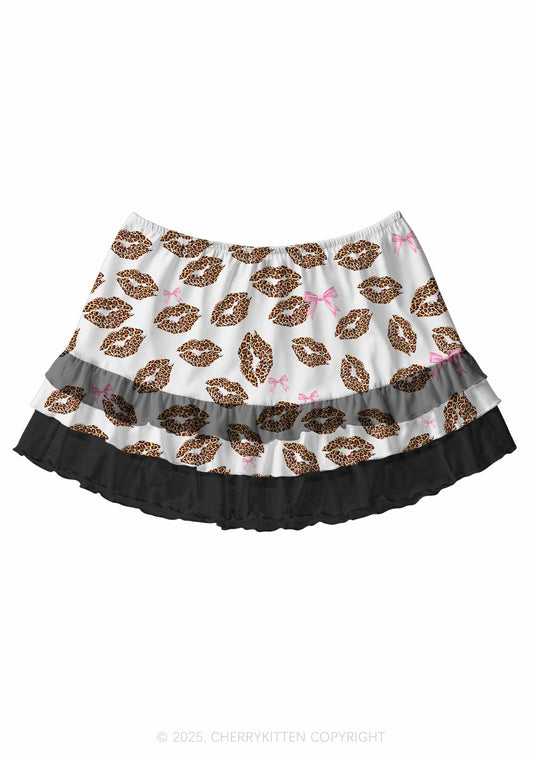 Leopard Lip Print Valentine's Day Y2K Print Mini Layered Skirt Cherrykitten