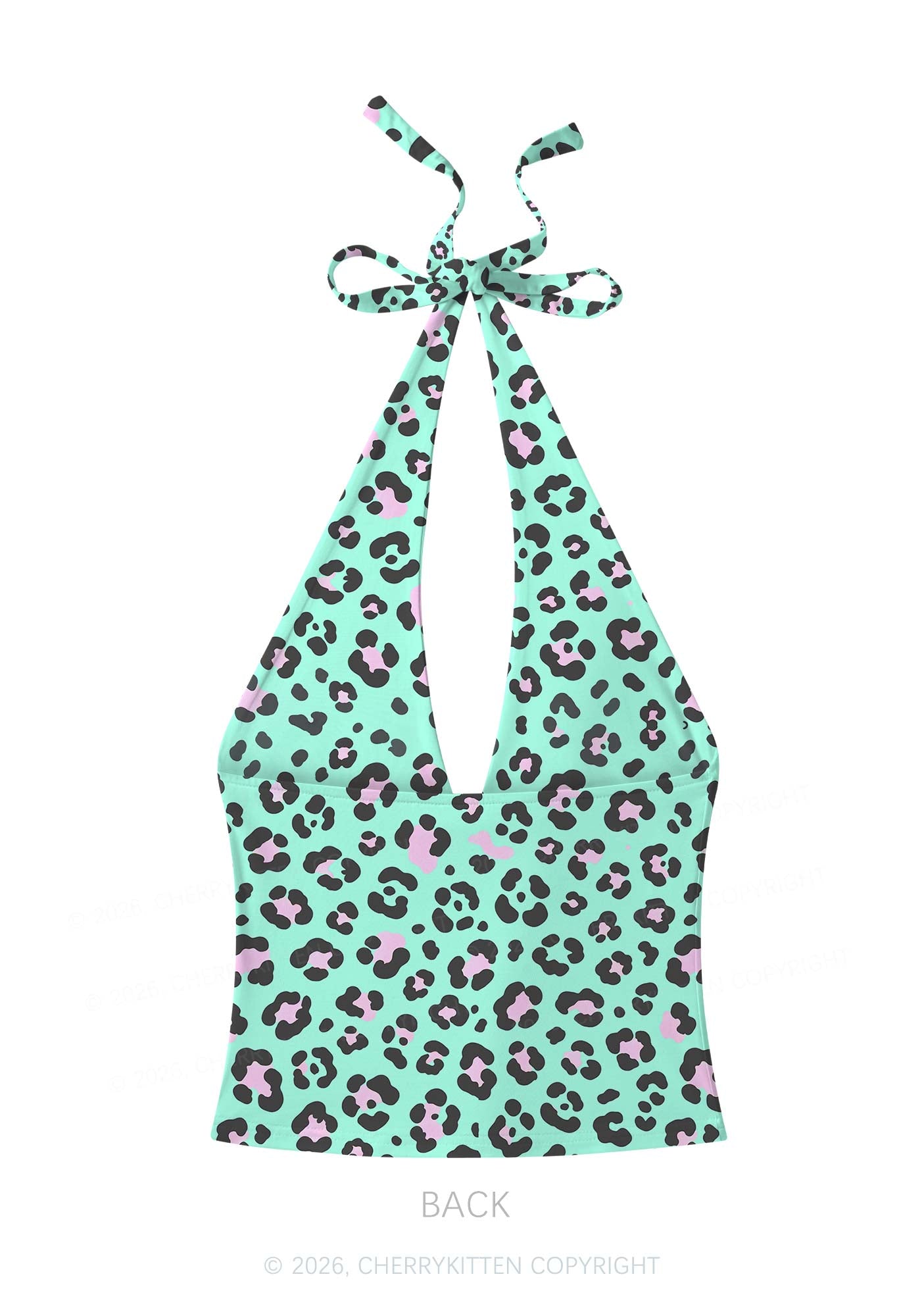 Mint Green Leopard Y2K Print Halter Deep V Neck Cami Cherrykitten