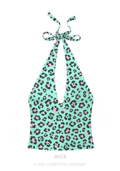 Mint Green Leopard Y2K Print Halter Deep V Neck Cami Cherrykitten
