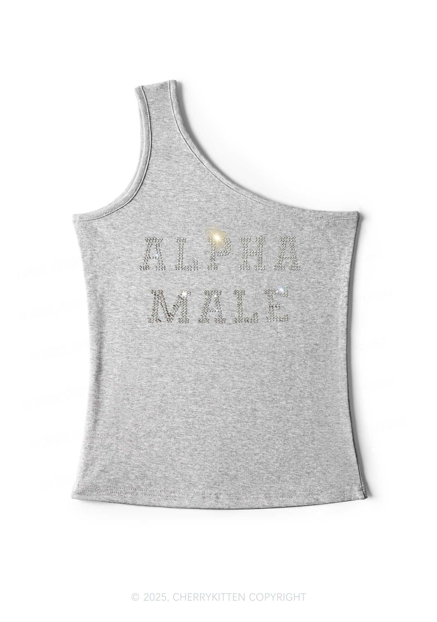 Rhinestone Alpha Male Y2K One Shoulder Tank Top Cherrykitten