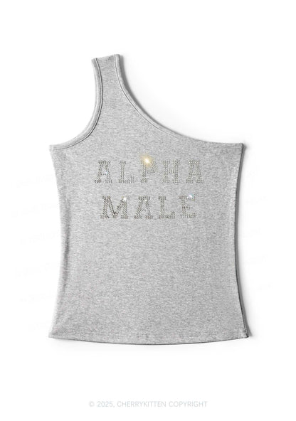 Rhinestone Alpha Male Y2K One Shoulder Tank Top Cherrykitten