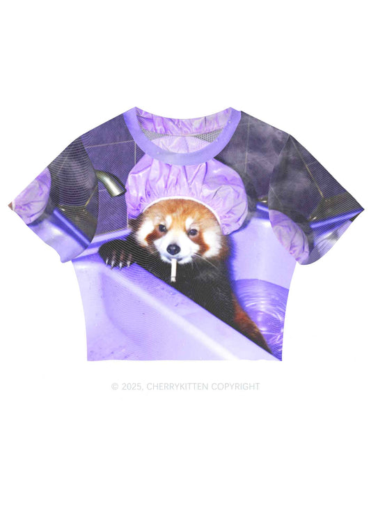 Purple Bath Smoking Raccoon Y2K Mesh Crop Top Cherrykitten
