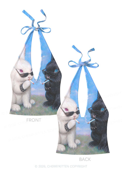 Smoking Punk Bunny Y2K Print Halter Deep V Neck Cami Cherrykitten