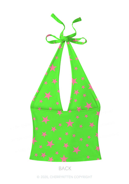 Pink Star On Green Y2K Print Halter Deep V Neck Cami Cherrykitten